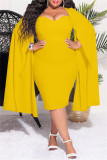 Yellow Casual Solid Patchwork Square Collar Long Sleeve Plus Size Dresses