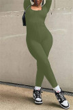 Army Green Casual Solid Basic O Neck Skinny Jumpsuits