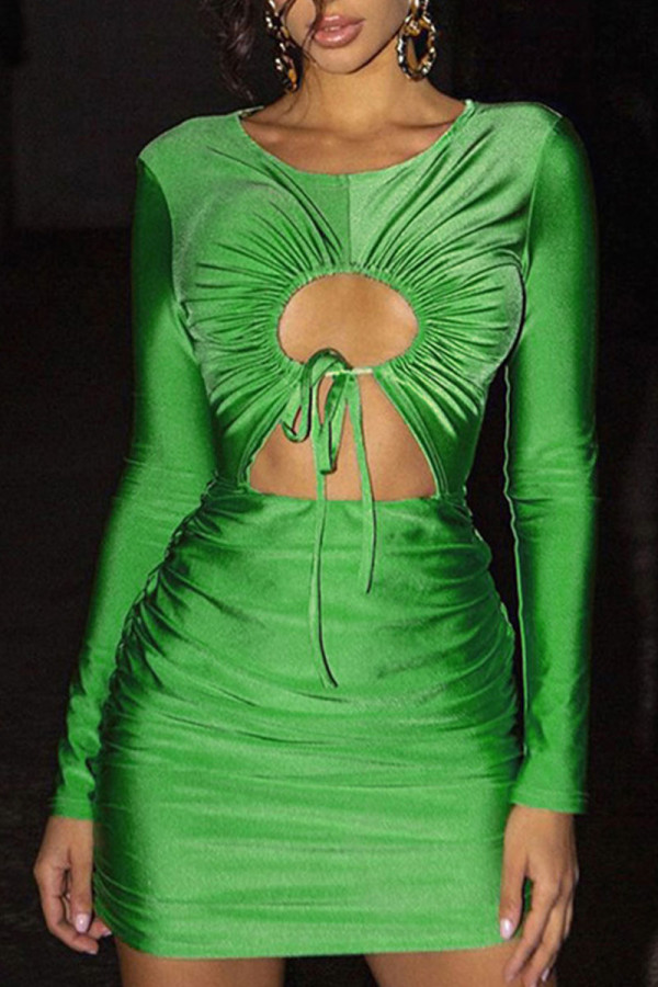 Green Sexy Solid Bandage Hollowed Out Patchwork O Neck Pencil Skirt Dresses