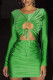 Green Sexy Solid Bandage Hollowed Out Patchwork O Neck Pencil Skirt Dresses