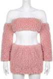 Pink Sexy Solid Patchwork Strapless Long Sleeve Two Pieces