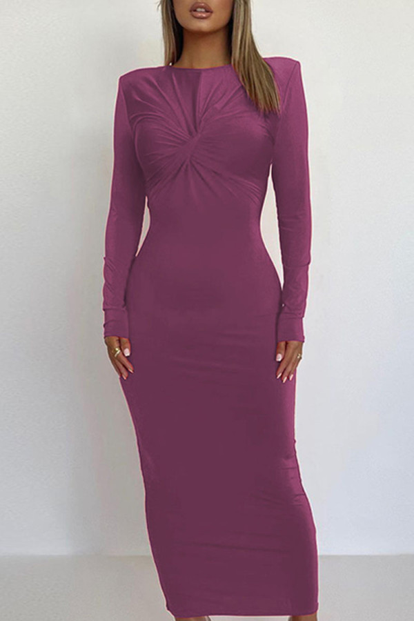 Purple Casual Solid Patchwork Fold O Neck One Step Skirt Dresses