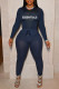 Navy Blue Casual Letter Print Basic O Neck Long Sleeve Two Pieces