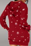 Red Street Print Patchwork Hooded Collar Straight Dresses