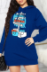 Blue Casual Print Patchwork Hooded Collar Straight Dresses