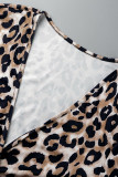 Leopard Print Sexy Print Leopard Bandage Patchwork V Neck Long Sleeve Two Pieces