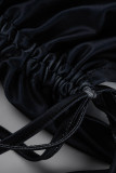 Black Sexy Print Bandage Patchwork Oblique Collar Dresses