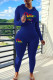 Deep Blue Casual Letter Print Basic Hooded Collar Long Sleeve Two Pieces