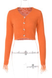 Tangerine Casual Solid Patchwork Buckle Feathers Cardigan Collar Tops