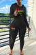 Black Casual Letter Print Basic Hooded Collar Long Sleeve Two Pieces