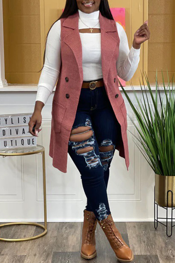 Pink Casual Solid Cardigan Turndown Collar Outerwear