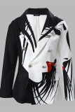 White Casual Print Cardigan Turn-back Collar Outerwear