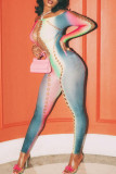 Colour Sexy Print Bandage Hollowed Out Patchwork Off the Shoulder Skinny Jumpsuits