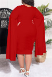 Red Casual Solid Patchwork Square Collar Long Sleeve Plus Size Dresses