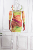 Colour Sexy Print Patchwork Spaghetti Strap Pencil Skirt Dresses