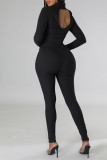 Black Casual Solid Patchwork Basic Turtleneck Skinny Jumpsuits