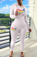 White Casual Letter Print Basic Hooded Collar Long Sleeve Two Pieces