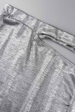Silver Sexy Solid Patchwork Half A Turtleneck Sleeveless Two Pieces