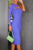 Purple Sexy Casual Solid Hollowed Out Backless Oblique Collar Long Sleeve Dresses