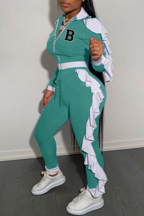 Mint green Casual Letter Print Patchwork Zipper Collar Long Sleeve Two Pieces