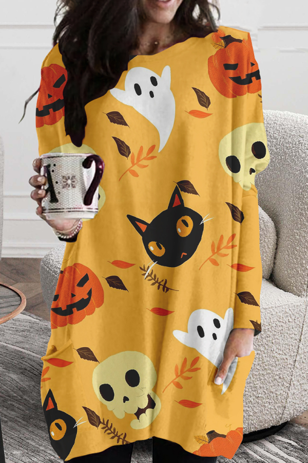 Yellow Street Print Patchwork O Neck Straight Dresses