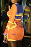 Yellow Blue Sexy Print Patchwork See-through O Neck Pencil Skirt Dresses