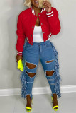 Red Casual Solid Patchwork Conventional Collar Outerwear