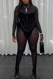 Black Sexy Solid Patchwork See-through Turtleneck Skinny Jumpsuits