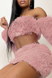 Pink Sexy Solid Patchwork Strapless Long Sleeve Two Pieces