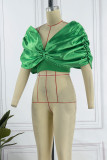 Green Casual Solid Patchwork With Bow V Neck T-Shirts
