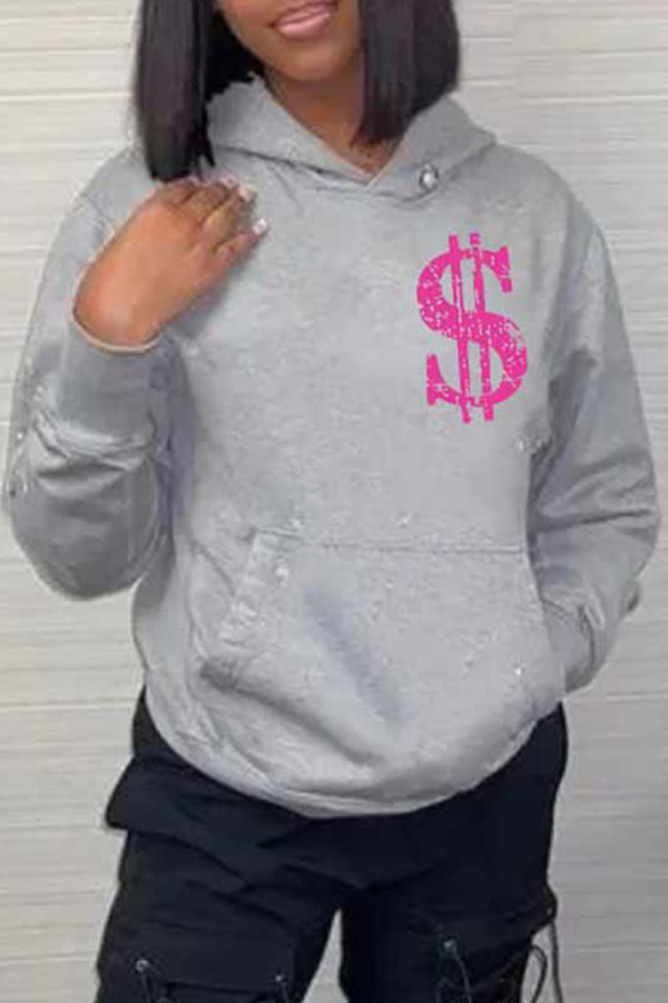 Grey Street Print Patchwork Hooded Collar Tops