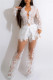 White Sexy Casual Embroidery Patchwork See-through V Neck Long Sleeve Two Pieces