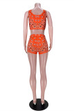Orange Fashion Casual Print Vests U Neck Sleeveless Two Pieces