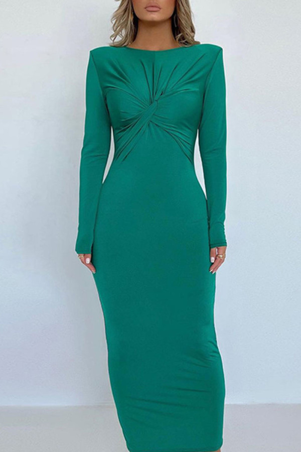 Green Casual Solid Patchwork Fold O Neck One Step Skirt Dresses