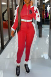 Red Casual Letter Print Patchwork Zipper Collar Long Sleeve Two Pieces