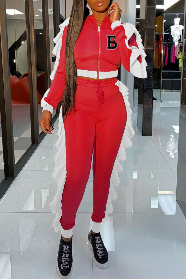 Red Casual Letter Print Patchwork Zipper Collar Long Sleeve Two Pieces