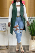 Green Casual Solid Cardigan Turndown Collar Outerwear