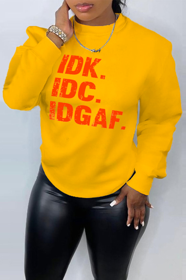 Yellow Casual Street Print Letter O Neck Tops