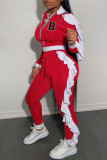 Red Casual Letter Print Patchwork Zipper Collar Long Sleeve Two Pieces