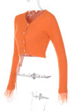 Tangerine Casual Solid Patchwork Buckle Feathers Cardigan Collar Tops