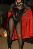 Black Sexy Solid Patchwork See-through Turtleneck Skinny Jumpsuits