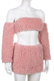 Pink Sexy Solid Patchwork Strapless Long Sleeve Two Pieces