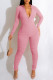Pink Casual Solid Fold Zipper Collar Skinny Jumpsuits