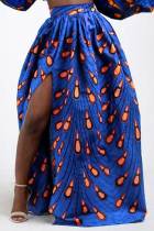 Blue Vintage Elegant Print Patchwork Slit High Waist Type A Full Print Bottoms