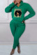 Green Casual Print Patchwork Zipper Collar Long Sleeve Two Pieces