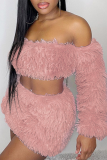 Pink Sexy Solid Patchwork Strapless Long Sleeve Two Pieces