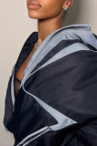 Blue Street Solid Patchwork Zipper Collar Outerwear
