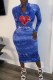 Blue Street Print Letter Zipper Collar One Step Skirt Dresses