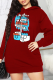 Burgundy Casual Print Patchwork Hooded Collar Straight Dresses