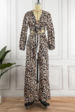 Leopard Print Sexy Print Leopard Bandage Patchwork V Neck Long Sleeve Two Pieces